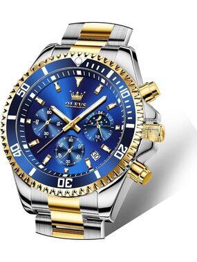 Men's Silver Blue Stainless Steel Chronograph Analog Waterproof Luxury Watch
